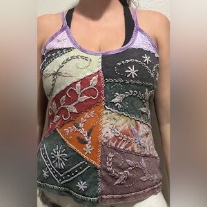 Rising Tide Hippie Boho Patchwork Multicolor Embroidered Tank Top Y2K Medium